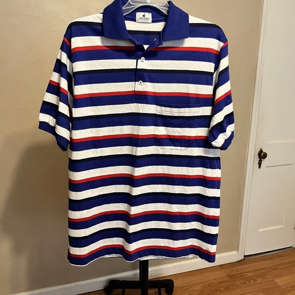 Vintage NOS Jockey Polo Shirt Made USA Red White‎ Blue Horizontal Striped Medium - Picture 1 of 9